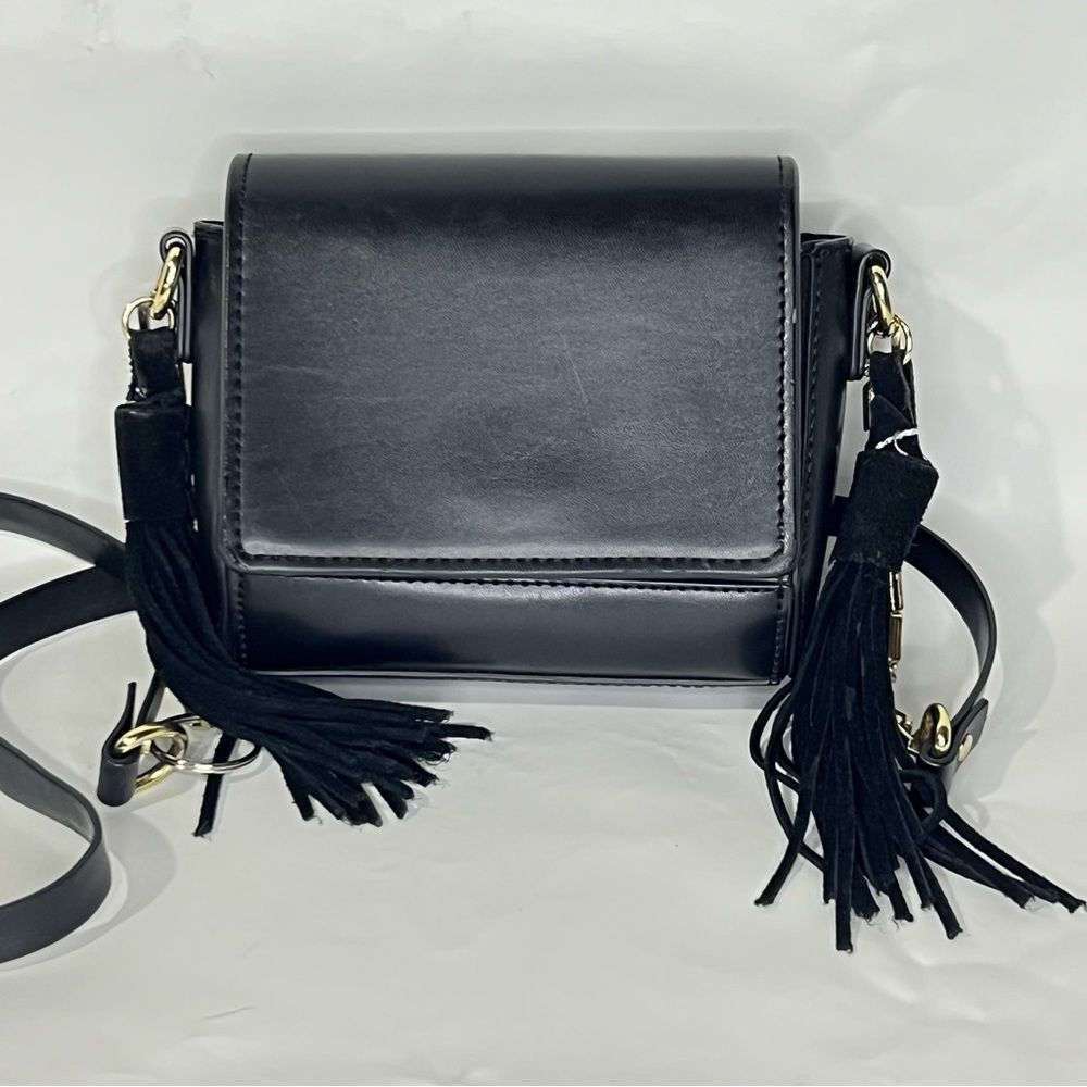 Black W Gold ~ Leather- Like ~ Mini Crossbody W/ Tassels ~ EUC